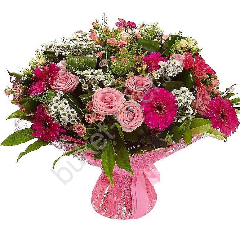 Букет с розовой розой, хризантемой и герберами