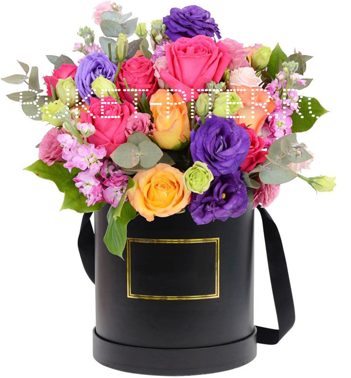 Шляпная коробка с Розами и Фиолетовым Лизиантусом