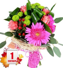 Букет с Герберой Яркой, Эвкалиптом и Розами