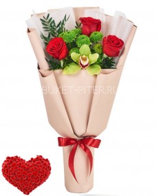 Букет Красных Роз с Орхидеей и Хризантемой