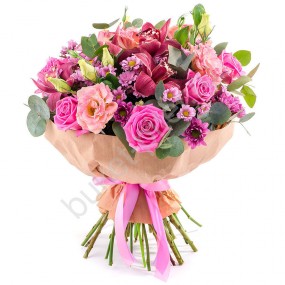 Букет с Розовой Розой, Орхидеей и Сиреневой Хризантемой