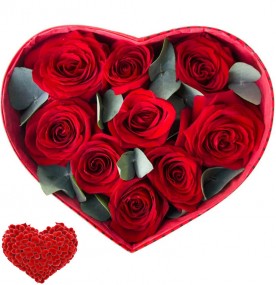 Коробочка в виде Сердца с Красными Розами и Эвкалиптом