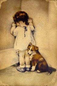 Винтажная открытка "Девочка в углу с собачкой"